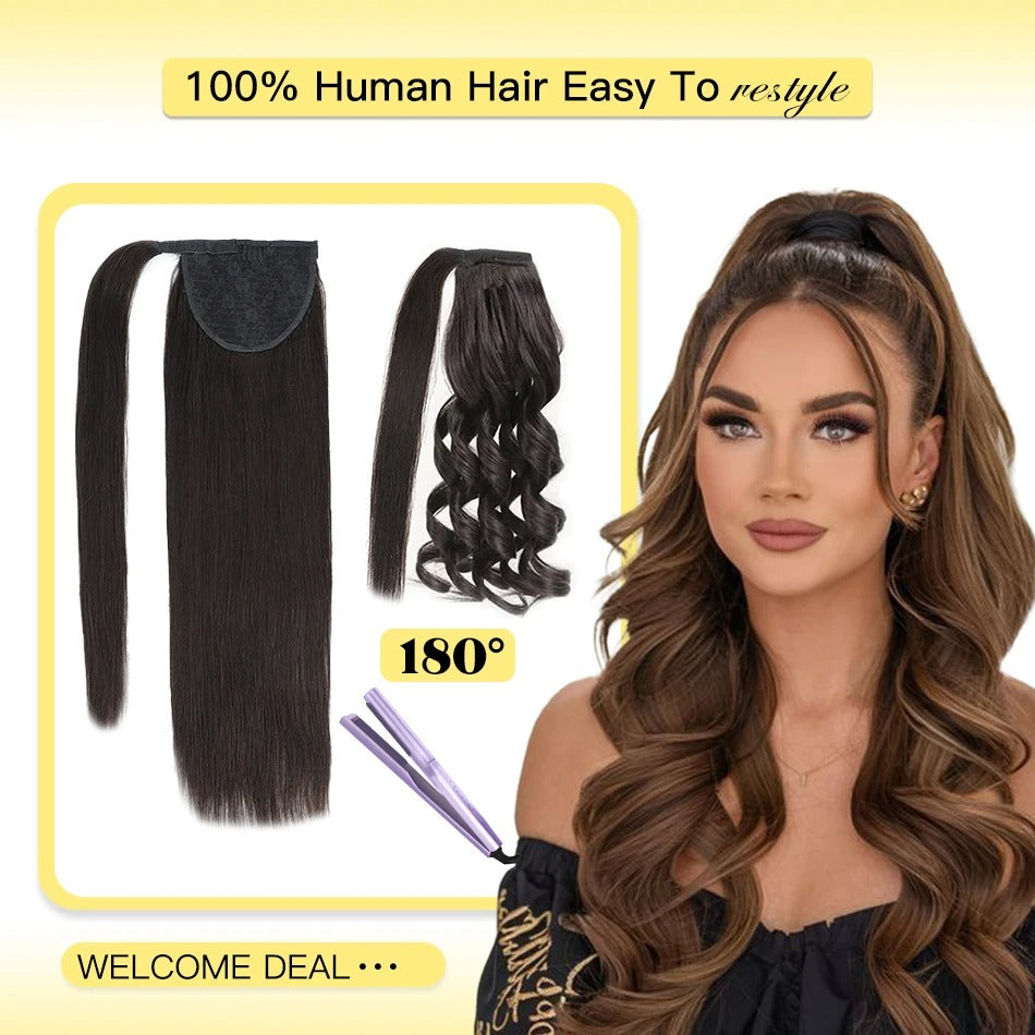Hair extension set with a woman styled with long hair, on a yellow background.