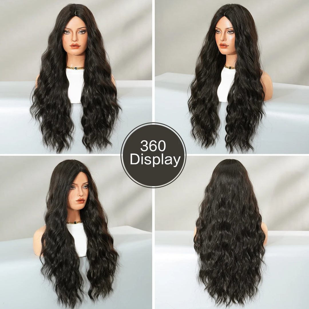 30 Inch Natural Black Long Curls Synthetic Heat Resistant Wig for Women with Middle Part Water Waves Hair. Features a Slit Matte Hair Wigs Peluca.
