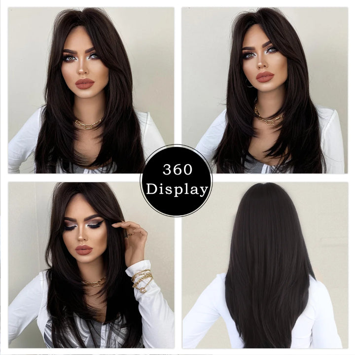 Long black wig with bangs for women. Made of heat-resistant synthetic hair. Perfect for daily wear.