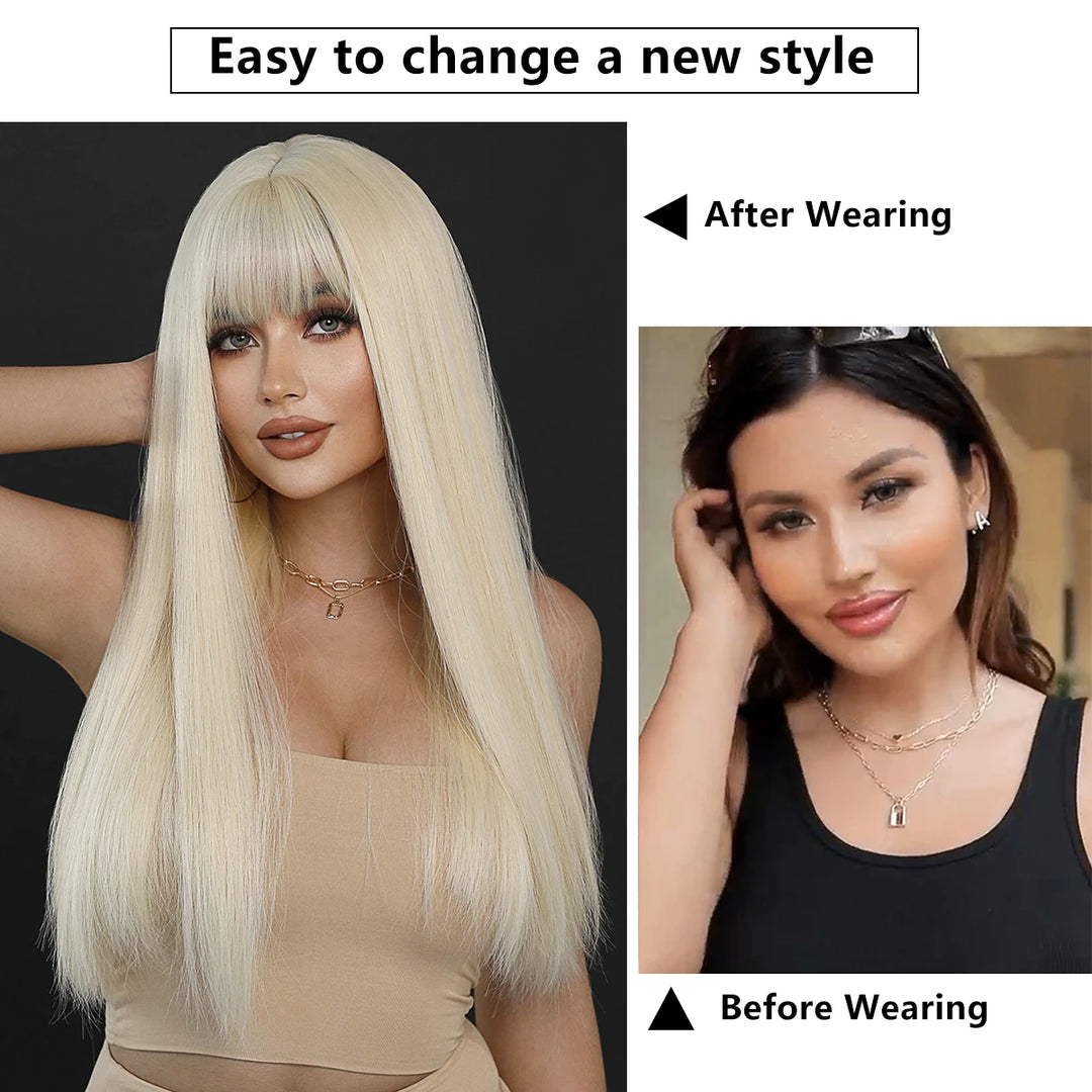 Long Straight Ombre Blonde Synthetic Hair With Bangs for Women Heat Resistant Fiber Wig Hot Selling 28 Inch.