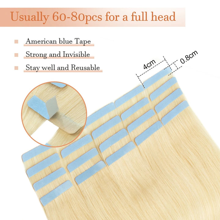 Tape-In Human Hair Extensions – Natural Remy Skin Weft | Seamless, Soft & Tangle-Free | 40–50g/Pack | 12–24 Inch Lengths