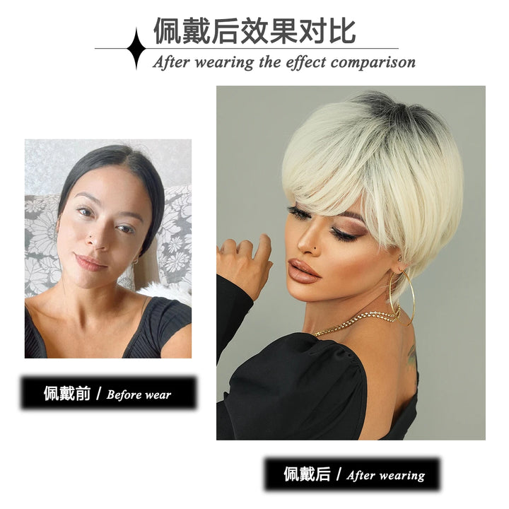 10 Inch Short Pixie Cut Hair Wigs for Women in Platinum Blonde. Layered Synthetic Ombre White Hair Wig for White Women.