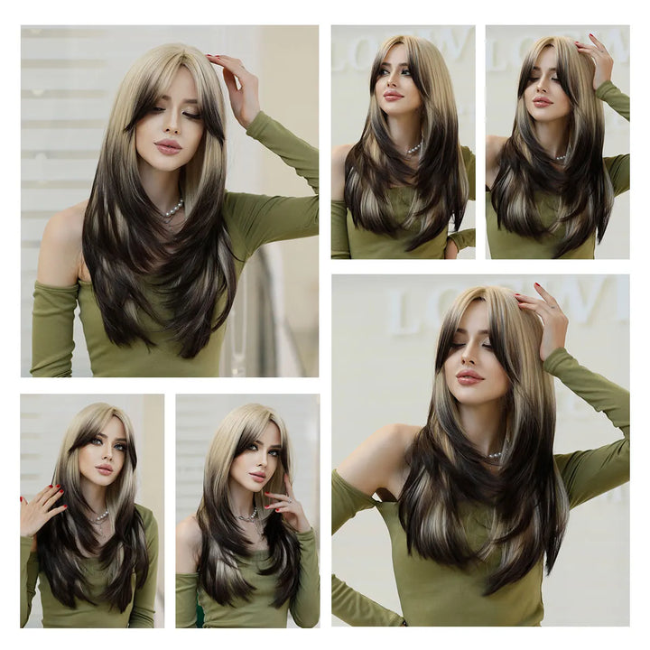Blonde ombre layered wig with curtain bangs for women. High density heat resistant synthetic hair in dark brown.