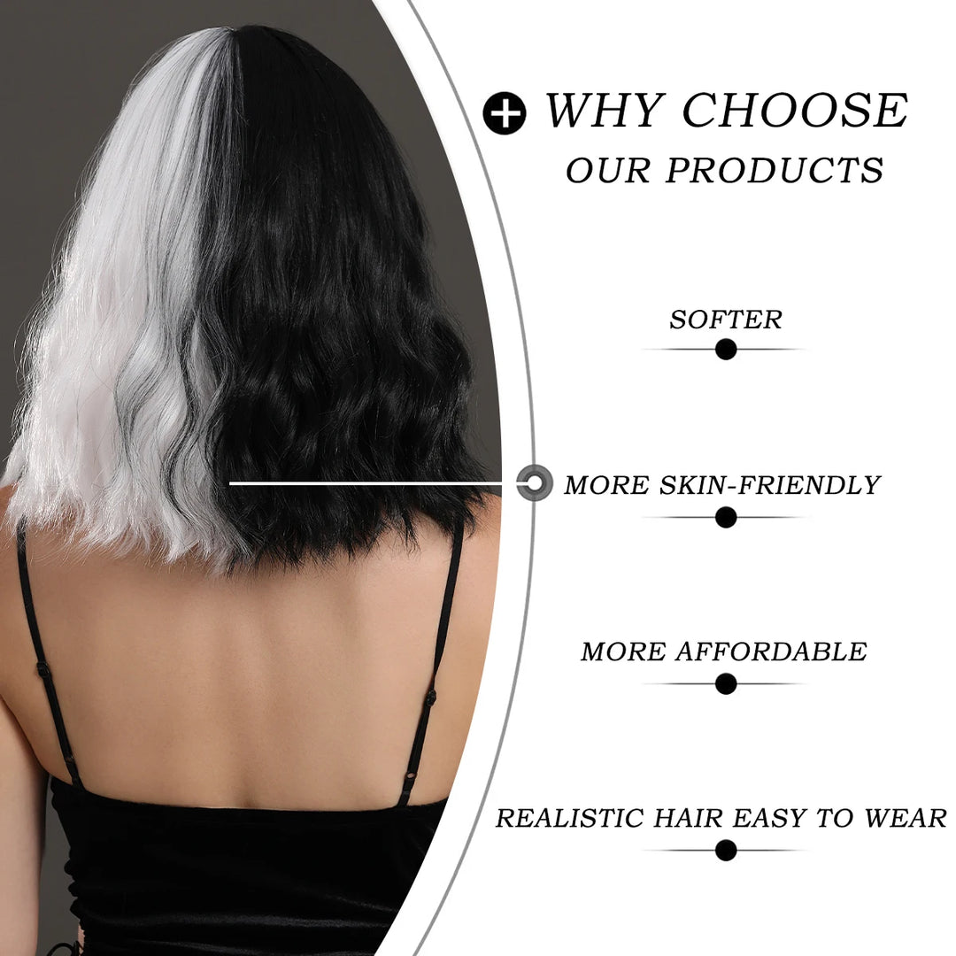 Black and white Cruella Deville wig for women's costume. Short curly wavy synthetic wig for parties and cosplay.