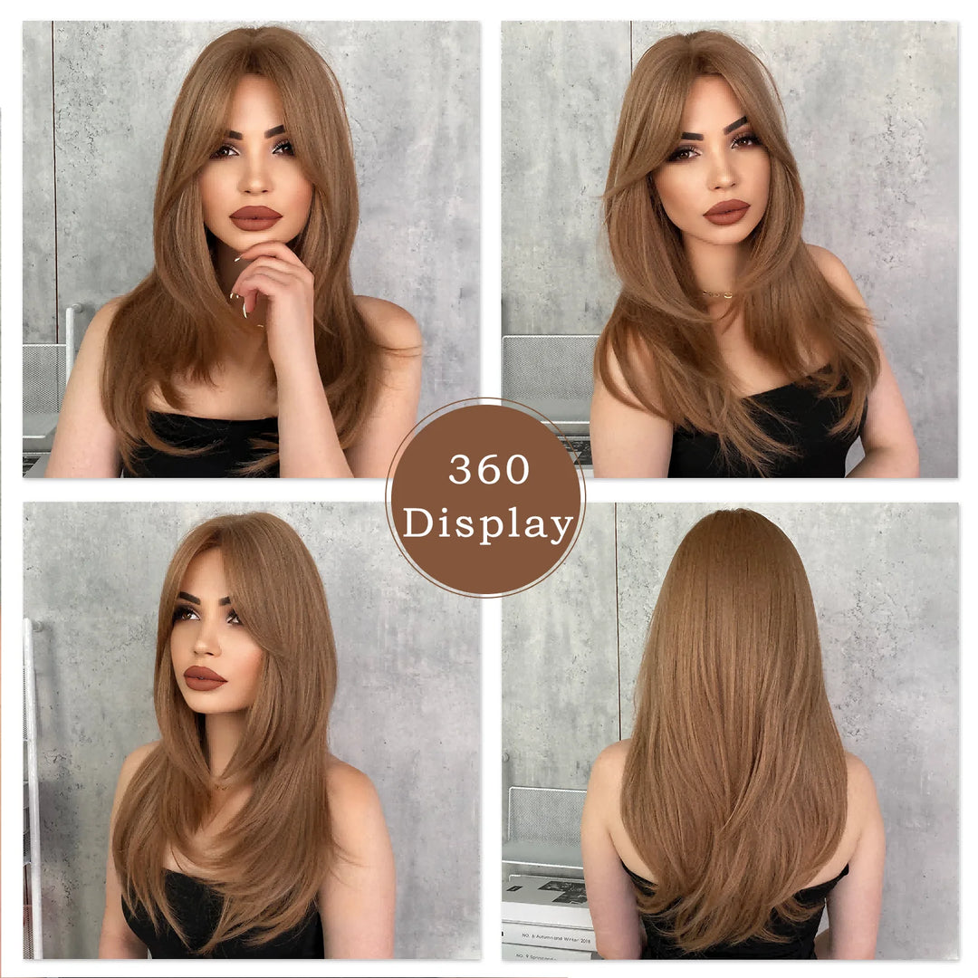 Green Highlight Layered Wig with Curtain Bangs, Synthetic Heat Resistant Hair Wig for Women.