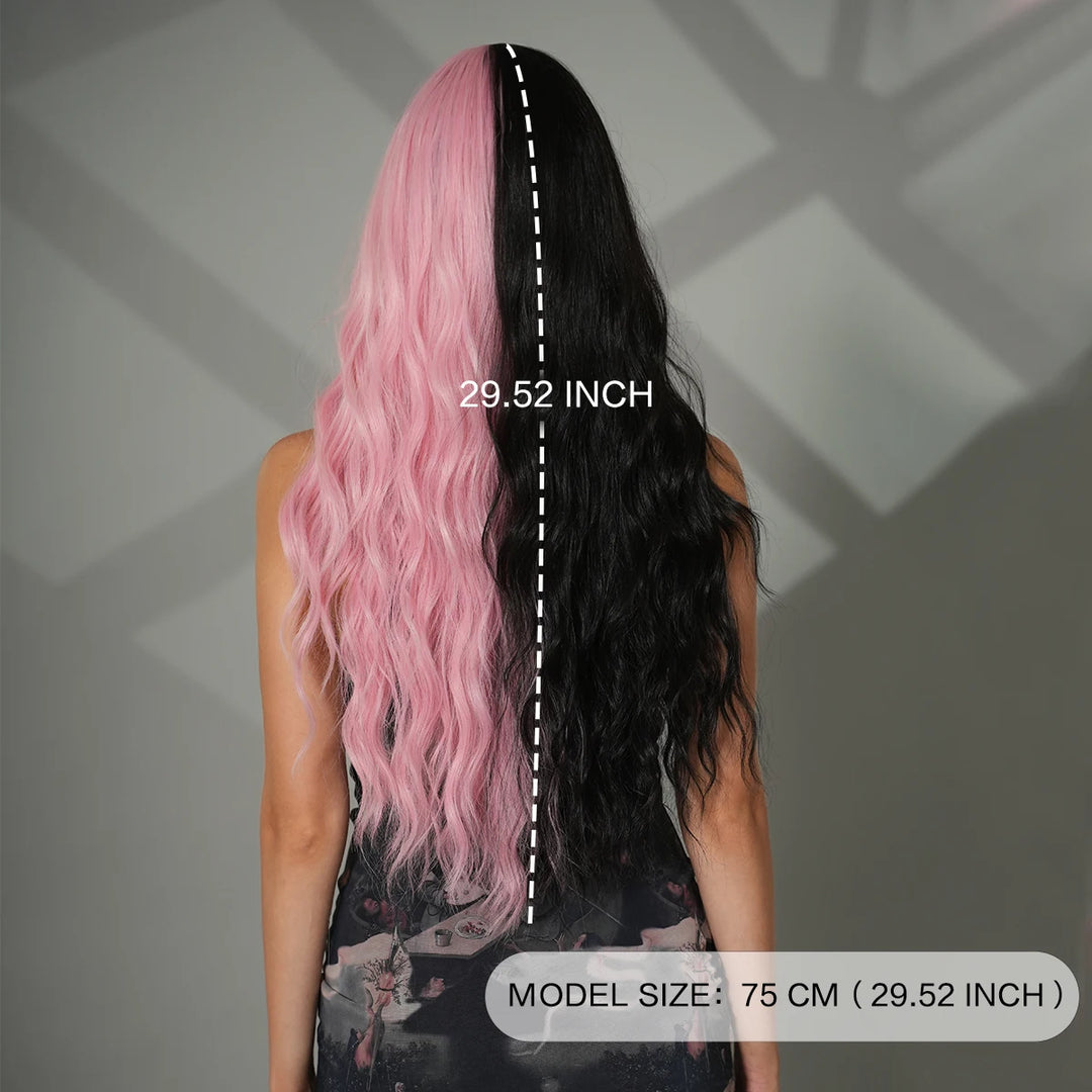 Black Pink Synthetic Hair Skunk Stripe Long Wavy Wigs Heat Resistant Fiber Wholesale Natural Matt Wigs 30 Inch