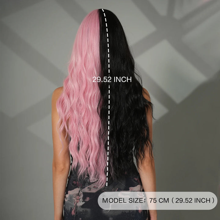 Black Pink Synthetic Hair Skunk Stripe Long Wavy Wigs Heat Resistant Fiber Wholesale Natural Matt Wigs 30 Inch