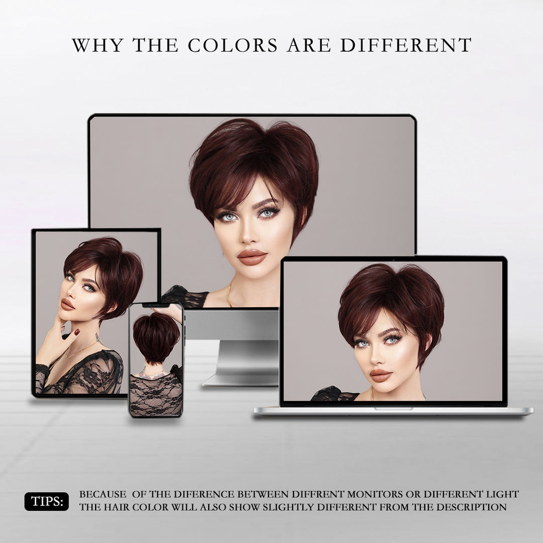 Ombre red pixie cut wig with bangs, cute and natural-looking. Short black and burgundy layered wavy style for women.