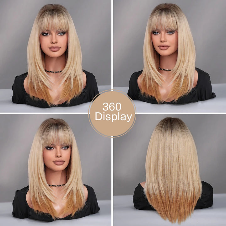 Ombre Blonde Wigs for Women Medium Length Straight Layered Synthetic Wigs With Bangs