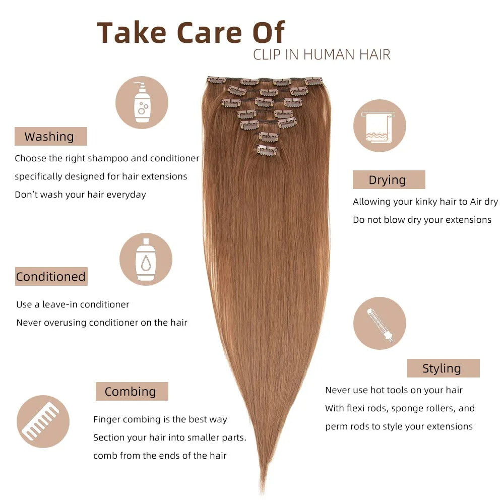 Brazilian Remy Clip-In Hair Extensions – Natural Human Hair, 12–24 Inch, 50g–120g