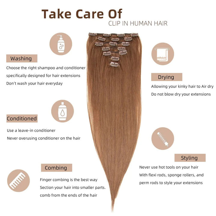 Brazilian Remy Clip-In Hair Extensions – Natural Human Hair, 12–24 Inch, 50g–120g