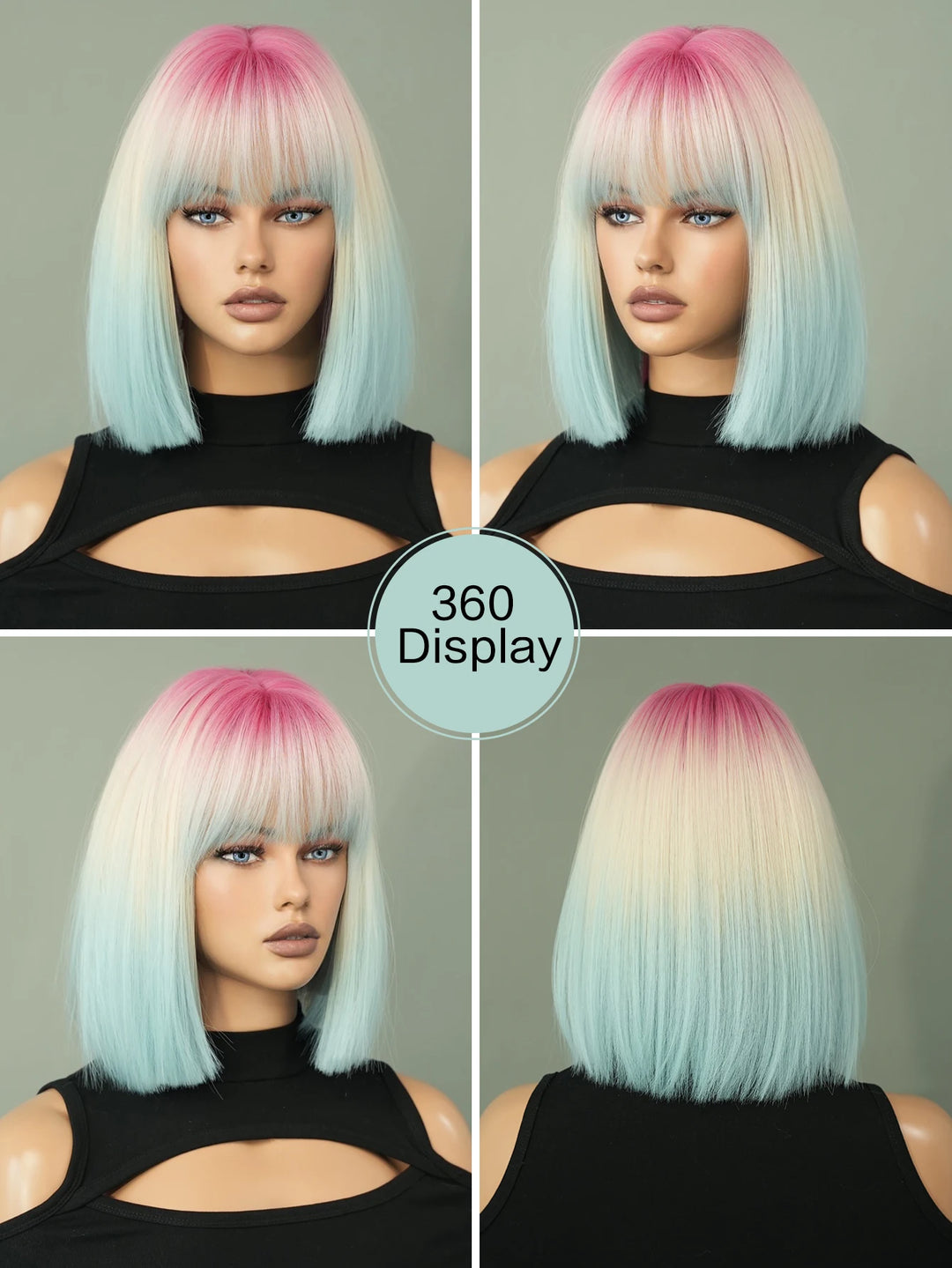 Ombre colored bob wig with bangs, perfect for cosplay or everyday wear.