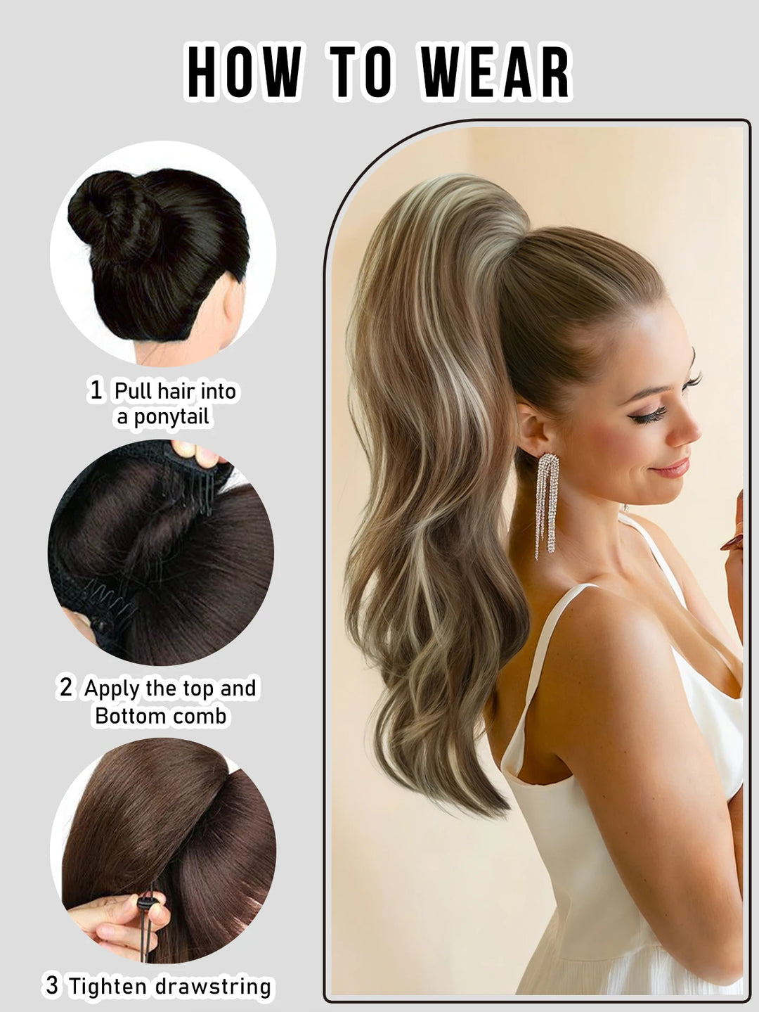 Van Dyke Brown Hair Extensions 28 Inch Clip-In Wig Adjustable Size Curly Ponytail Synthetic Hair Pack Black with Steel Prongs