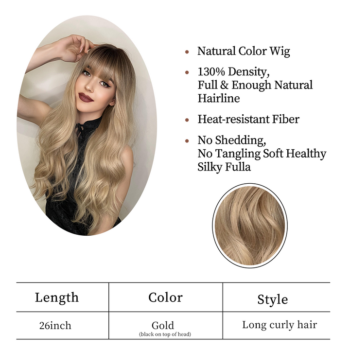 Blonde Ombre Long Wavy Wig with Bangs - Synthetic, Heat Resistant, Perfect for Cosplay