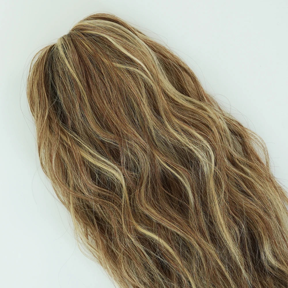 18 Inch Women's Lilac Highlight Natural Wave Drawstring Adjustable Size Black Synthetic Hair Beige Clip Portable Easy Ponytail