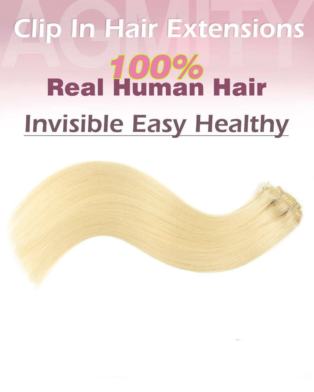 Advertisement for clip-in hair extensions with text on a pink background