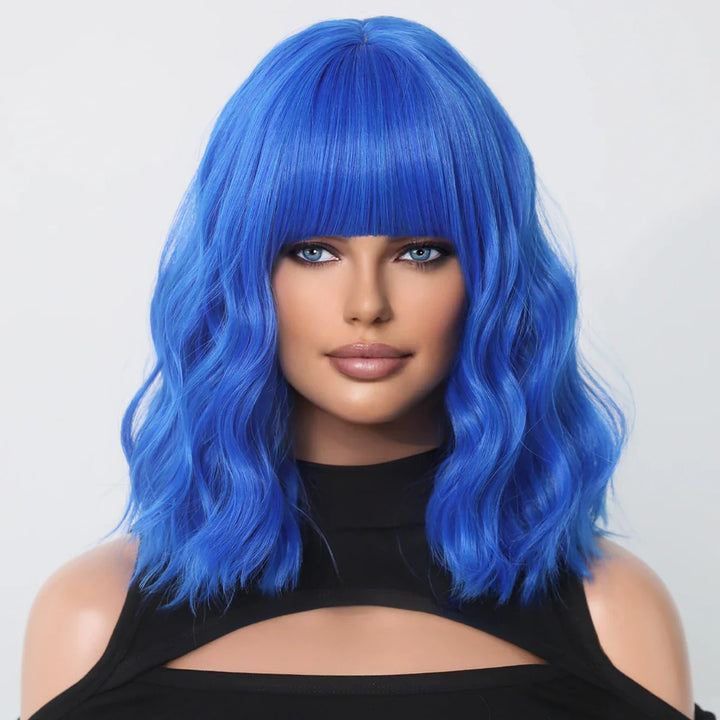 Short lavender purple curly bob wig with bangs for women, perfect for Halloween cosplay.