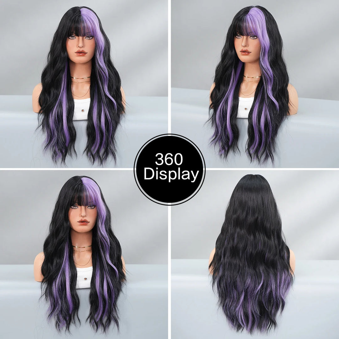 28in Long Wavy Black Purple Highlight Wig, Natural Heat Resistant Synthetic Curly Style with Bangs for Women.