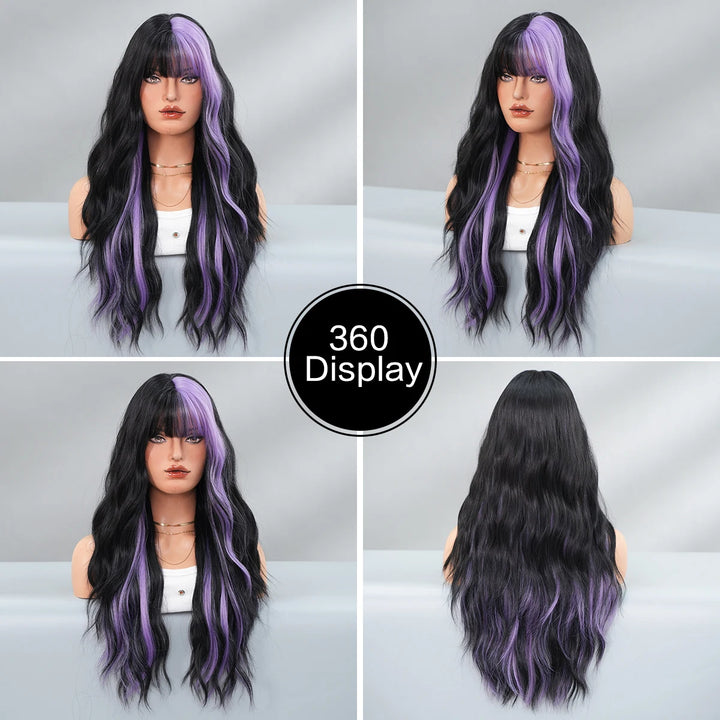 28in Long Wavy Black Purple Highlight Wig, Natural Heat Resistant Synthetic Curly Style with Bangs for Women.