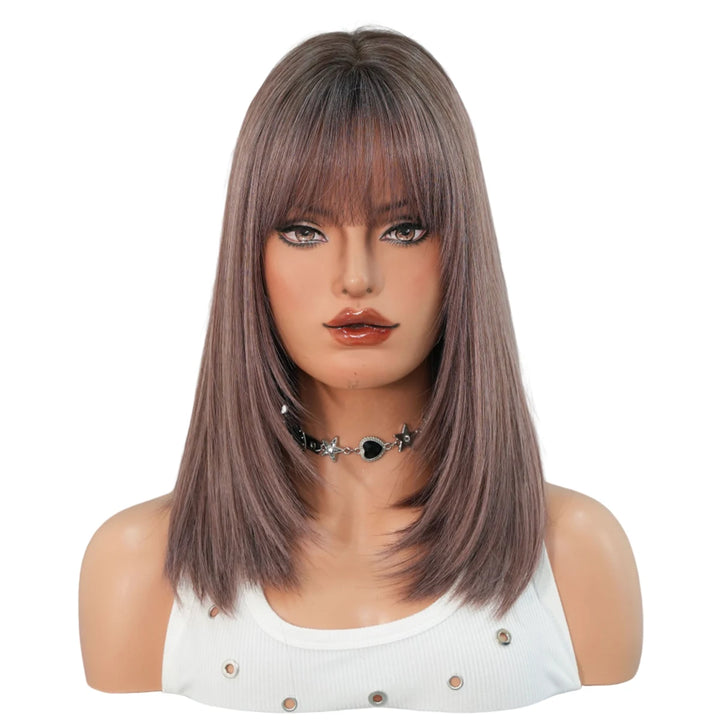 Purple Ombre Shoulder-Length Straight Layered Synthetic Wig with Bangs, 16 Inches. Natural Matte Hair for Women.