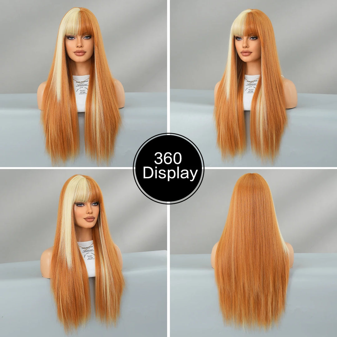Orange Blonde Long Straight Wig with Bangs Synthetic Cruella De Vil Costume Hair Wig for Women Cosplay Anime Party Halloween.