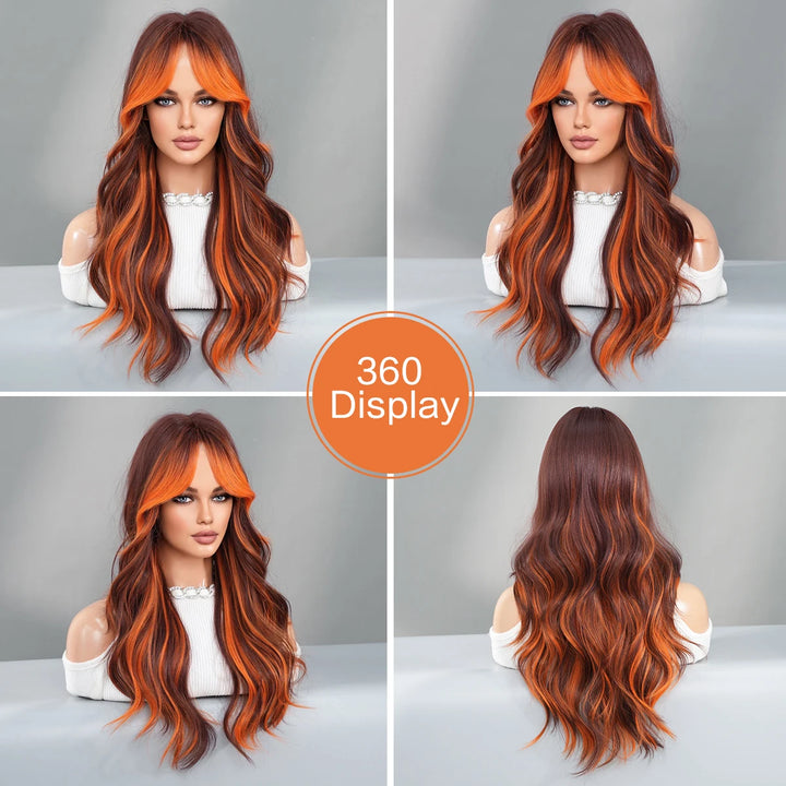 Ginger Orange Wig with Highlights - Synthetic Hair Wig with Brown Skunk Stripe, Long Wavy Style, Heat Resistant Fiber.