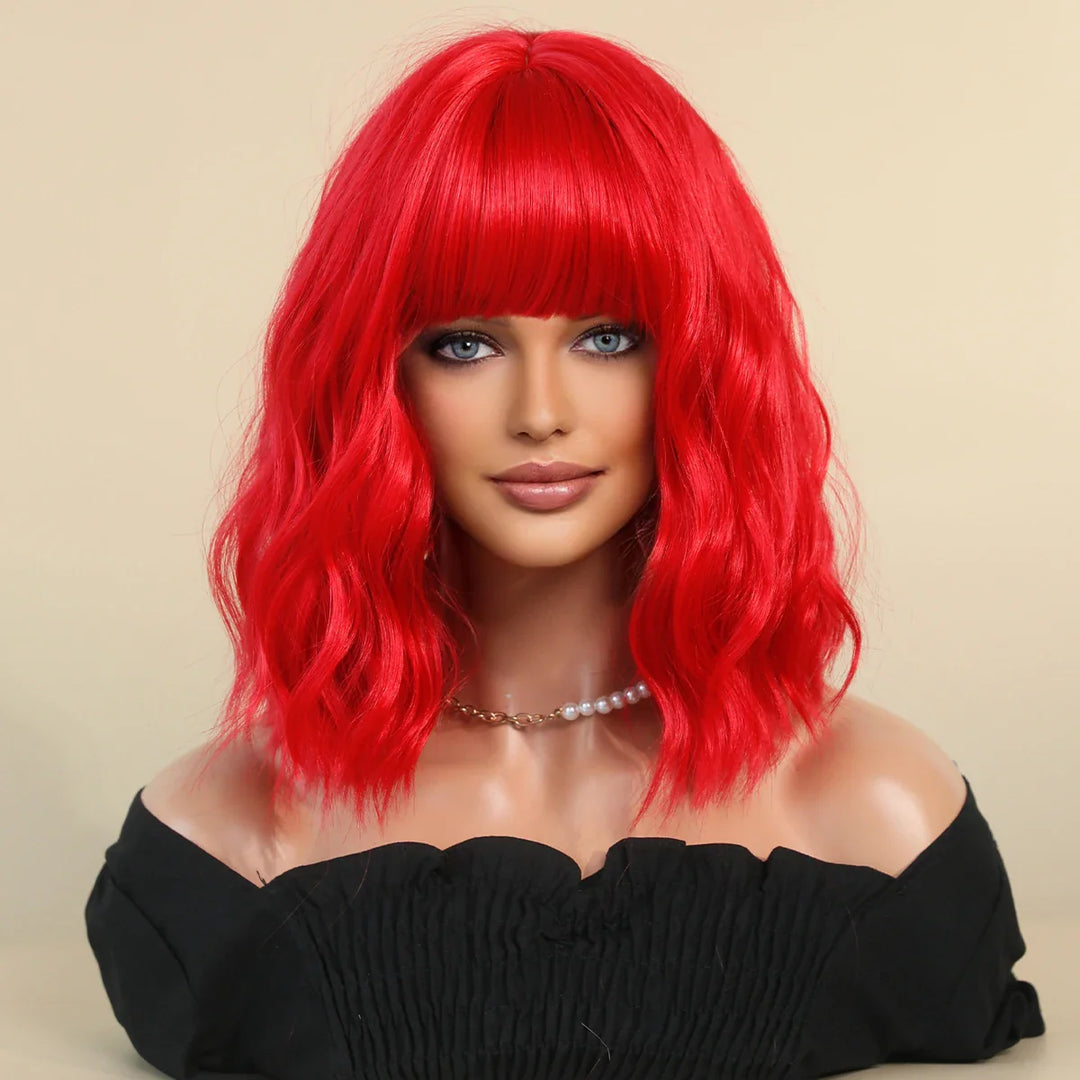 Short lavender purple curly bob wig with bangs for women, perfect for Halloween cosplay.