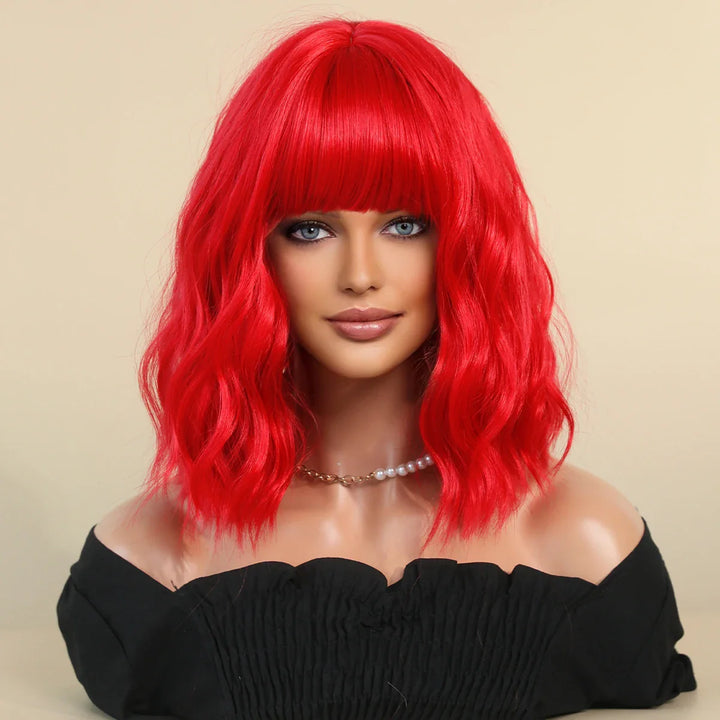 Short lavender purple curly bob wig with bangs for women, perfect for Halloween cosplay.