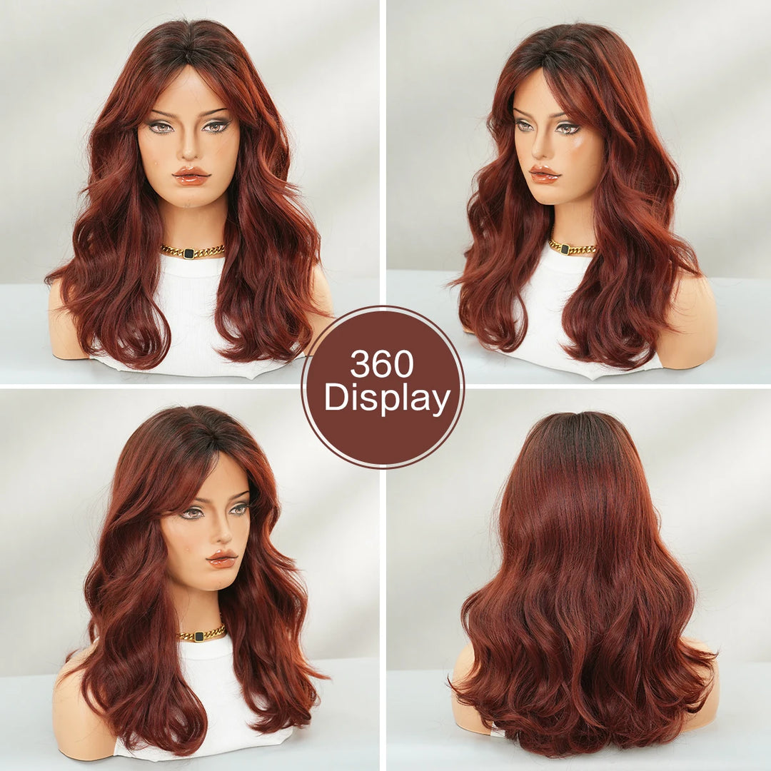 18 Inch Curly Ombre Burgundy Synthetic Hair Shoulder-Length Volume Wigs Heat-Resistant Fiber Natural Matte Wigs Peluca Rizada#