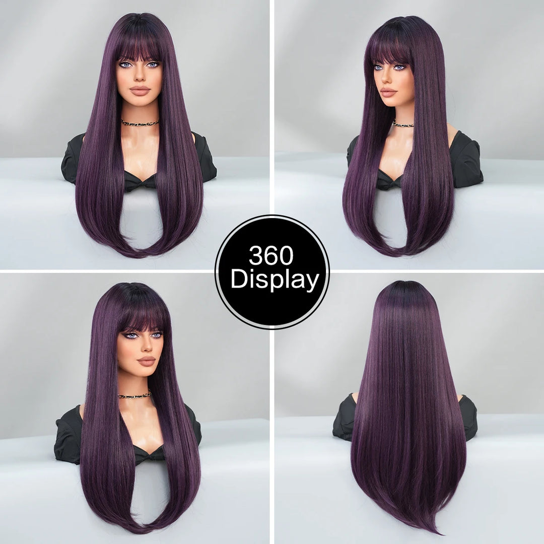 Ombre purple synthetic wig with bangs, 28 inches long, heat resistant fiber.