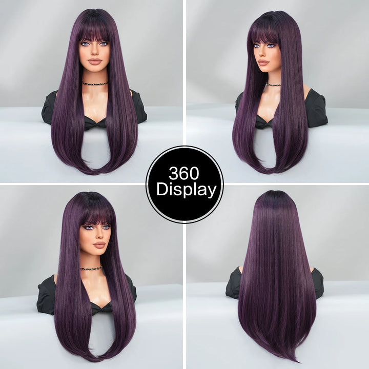 Ombre purple synthetic wig with bangs, 28 inches long, heat resistant fiber.