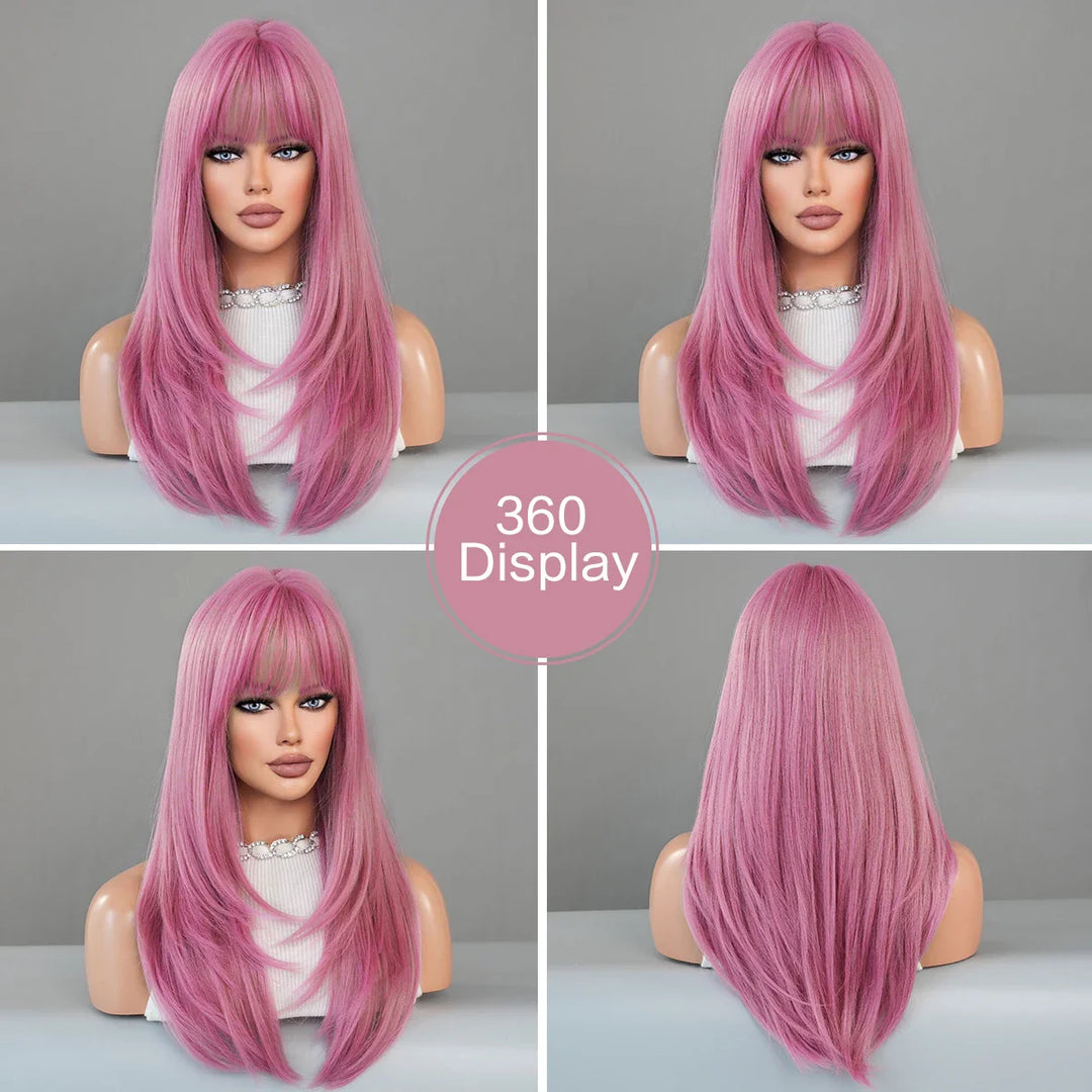 26" Long Wavy Red Layered Wig with Bangs, Synthetic Heat Resistant Hair for Daily Use.