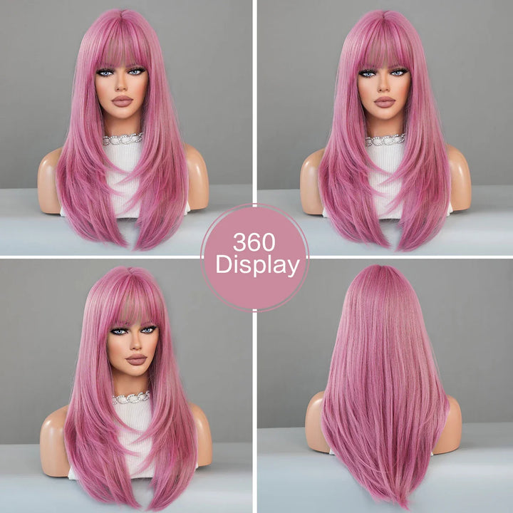 26" Long Wavy Red Layered Wig with Bangs, Synthetic Heat Resistant Hair for Daily Use.