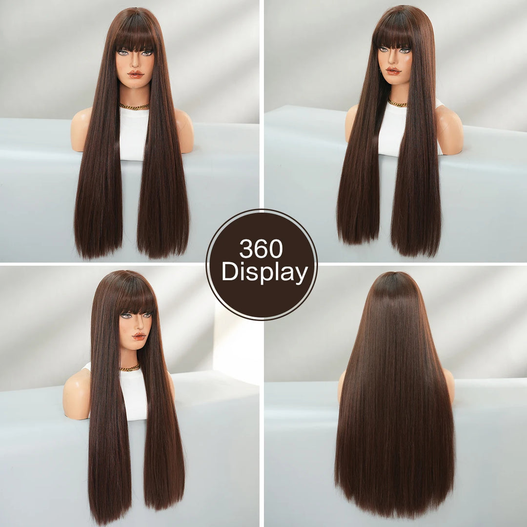 28 Inch Natural Black Wig with Bangs Extra Long Straight Wig for Women. This wig is natural-looking and comes in black-brown synthetic material.