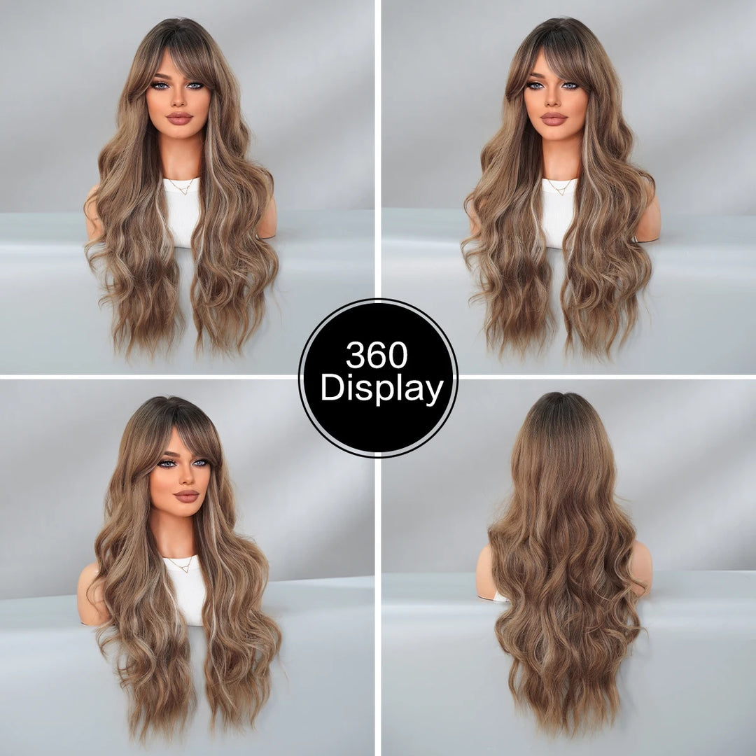 Ombre Brown Long Curly Hair Wig with Bangs for Women - 28 Inches