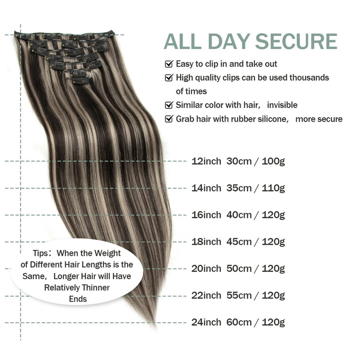 "100% Real Remy Human Hair Clip-In Extensions – Double Weft, Seamless Clip-On, 7PCS, 12-24 Inches"