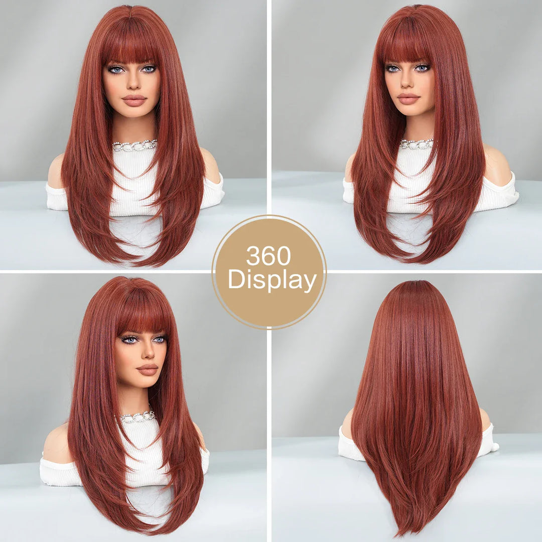 26" Long Wavy Red Layered Wig with Bangs, Synthetic Heat Resistant Hair for Daily Use.