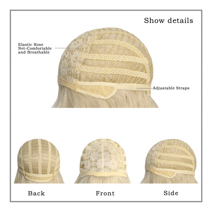 Blonde ombre layered wig with curtain bangs for women. High density heat resistant synthetic hair in dark brown.