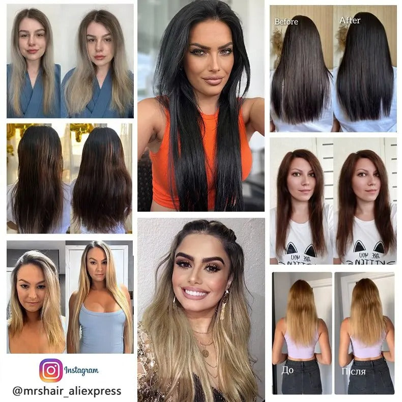 Collage of before and after hair extensions or wigs on a woman.