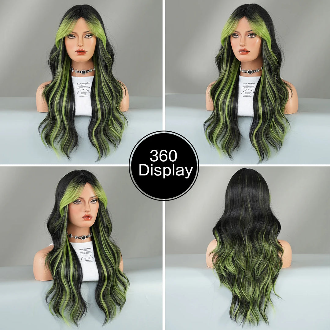Black Green Synthetic Hair Skunk Stripe Long Wavy Wig, 26 Inch, Heat Resistant Fiber, Wholesale, Natural Matt.