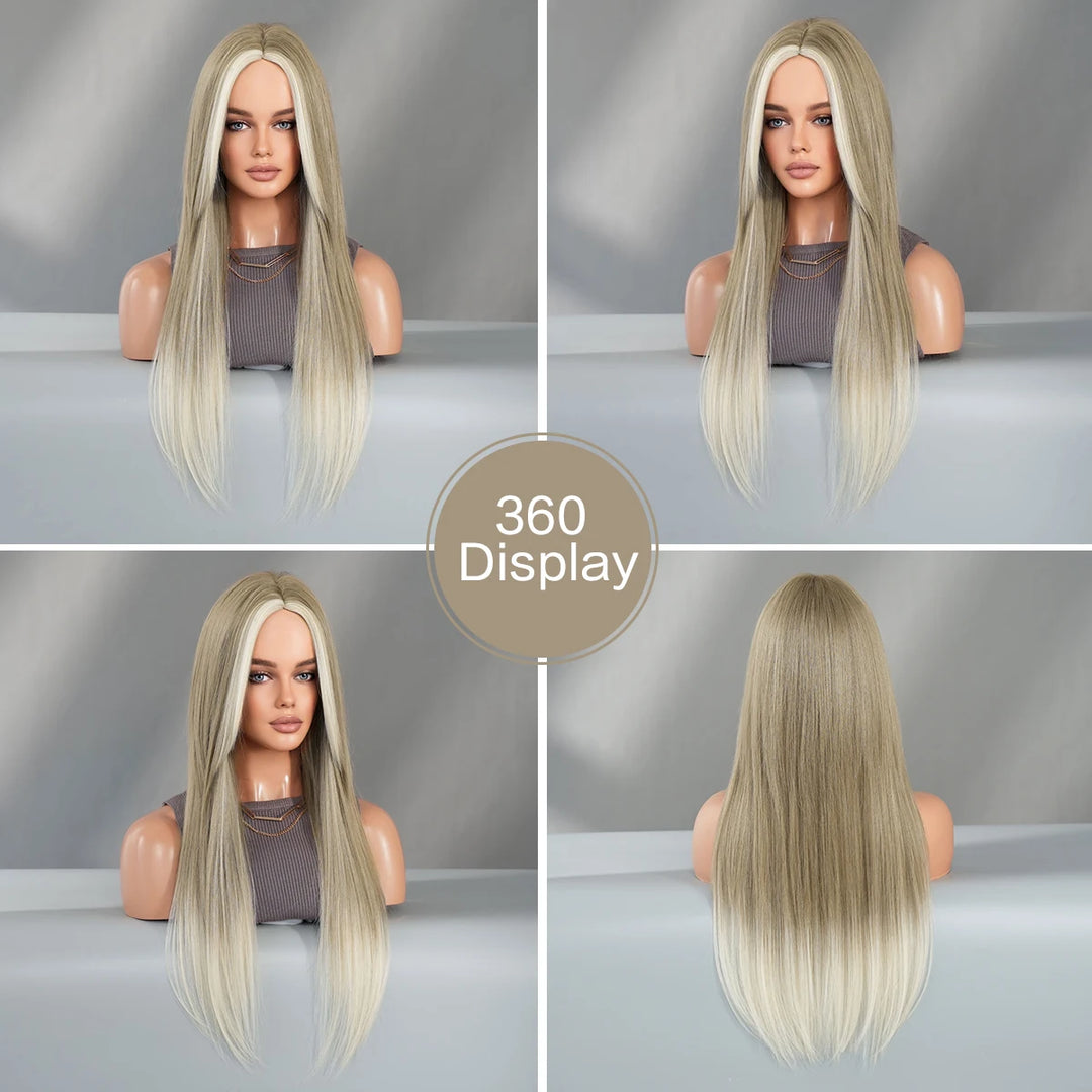Synthetic hair wig with long straight hair, bangs, middle part, and highlight gray color. Perfect for women, cosplay, and drag queens.