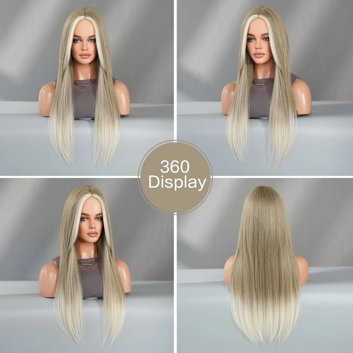 Synthetic hair wig with long straight hair, bangs, middle part, and highlight gray color. Perfect for women, cosplay, and drag queens.