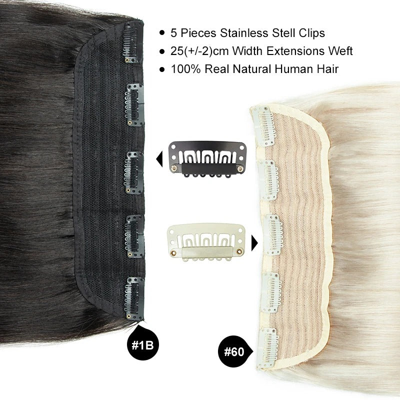 Hair extensions with stainless steel clips and hair color options on a white background