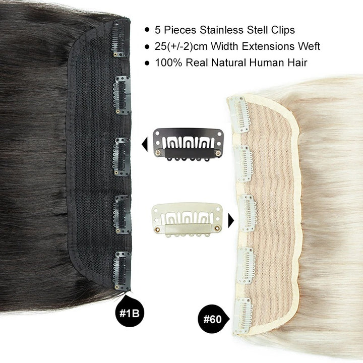 Hair extensions with stainless steel clips and hair color options on a white background