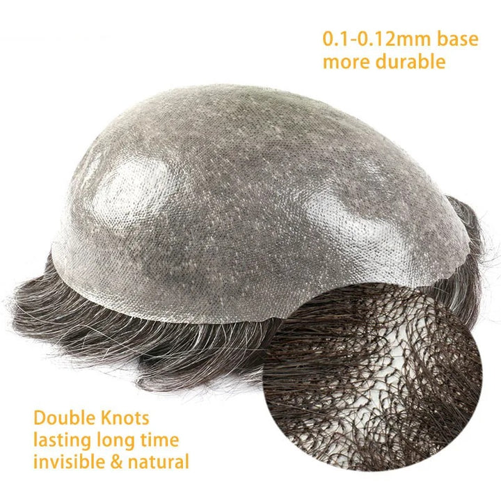 Strong K-Skin Base Men Capillary Prosthesis 0.12Mm Durable Men Toupee Double Knot Pu Male Wig Natural Skin Human Hair System