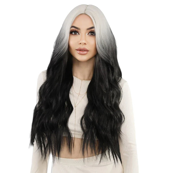 Skunk Water Wave Wig Synthetic Curly Wig for Women Long Deep Wave Wig in Light Brown With Ginger Orange Highlights.