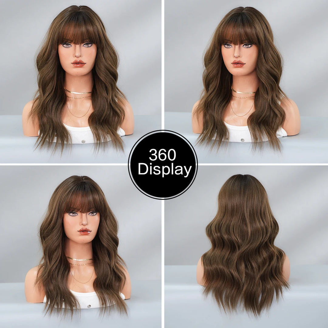 22" Curly Brown Synthetic Hair Wig, Shoulder Length, Water Wavy, Heat Resistant Fiber, Natural Look, Matt Finish.