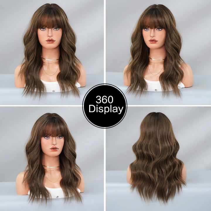 22" Curly Brown Synthetic Hair Wig, Shoulder Length, Water Wavy, Heat Resistant Fiber, Natural Look, Matt Finish.