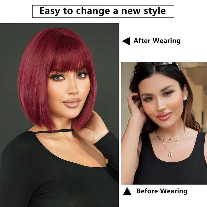12-inch Short Bob Straight Wig with Bangs - Natural Red Yaki Synthetic Heat Resistant Burgundy Red Hair for Party Cosplay.