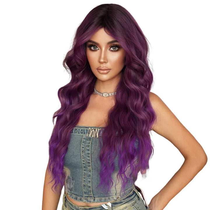 Ombre Purple Synthetic Hair Skunk Stripe Long Wavy Wigs, Heat Resistant Fiber, Wholesale, Natural Matt Wigs, 30 Inch